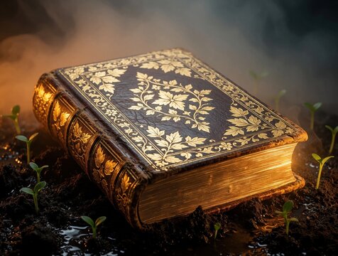 Ornate antique book glows with golden light amid dark soil and new plant sprouts. Ancient tome rests in earth, suggesting magic knowledge or growth of wisdom.
