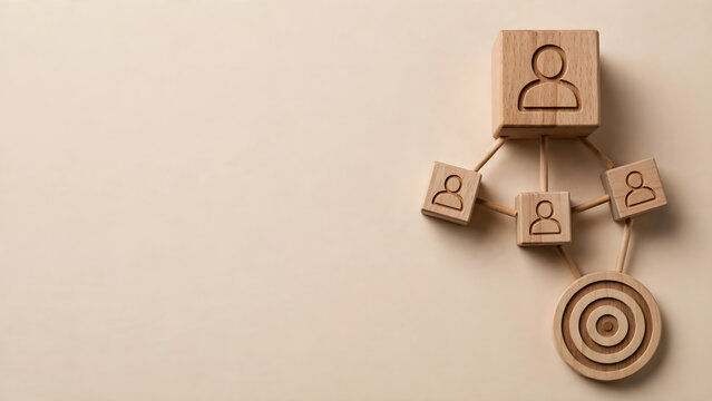 Wooden leader and connected team blocks with target symbol for organizational hierarchy and goal alignment