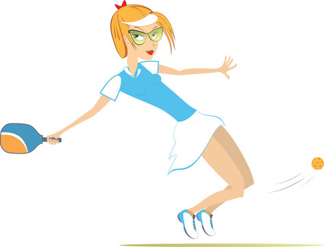 Pickleball sport. Young woman hits the ball 