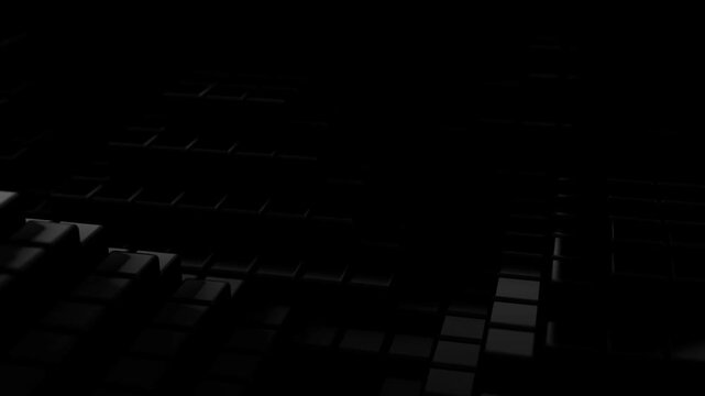 Abstract Dark Metallic 3D Cubes Background with Geometric Blocks and Soft Light Reflections.