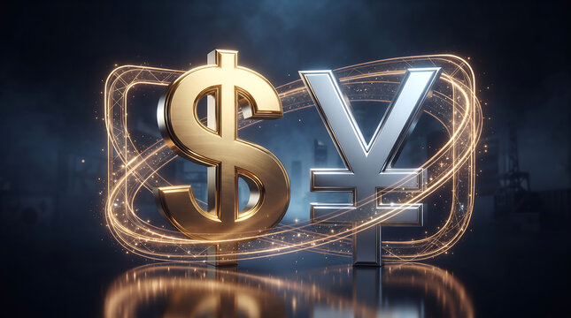 US Dollar and Japanese Yen Symbol golden colour circular ring and rectungalur edge the black background.