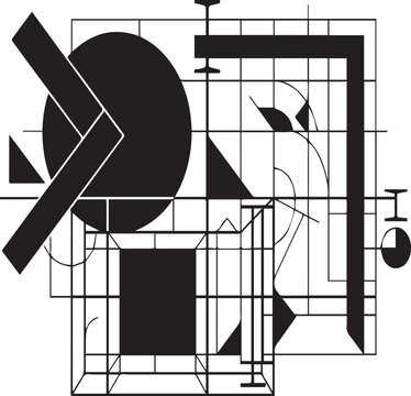 Complex abstract constructivist vector composition featuring geometric shapes, technical grids, wireframe structures, and architectural blueprint linework in black and white