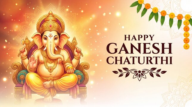 Lord Ganesha Idol with City Skyline and Oil Lamps for Happy Ganesh Chaturthi Festival Greeting Banner
