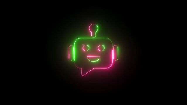 Neon green and pink glowing robot head icon in the shape of a speech bubble
