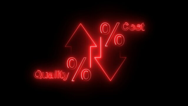 Neon red sign showing arrow up for quality and arrow down for cost with percentage symbols isolated on a black background