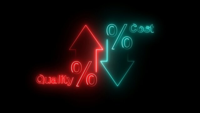 Neon sign showing red arrow for high quality and green arrow for low cost percentage symbol for business optimization and financial efficiency marketing concept