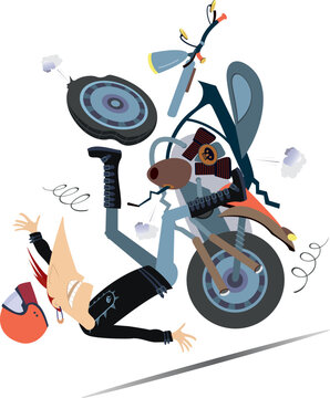 Road accident. Falling down motorcyclist