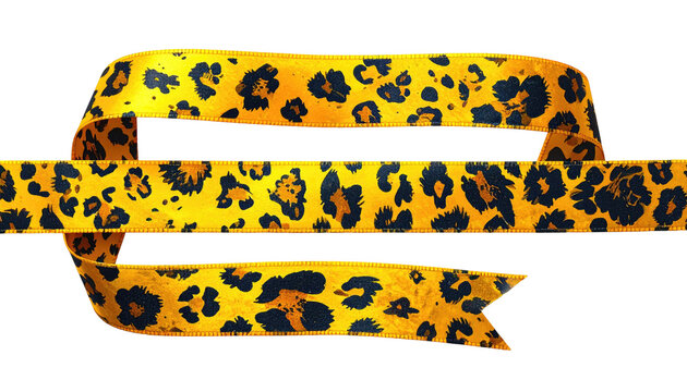 Golden ribbon with a leopard print pattern on a transparent background with slightly curled edges