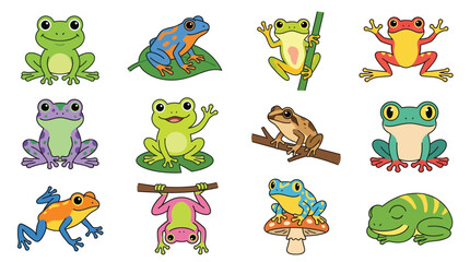 Fototapeta premium Colorful Cartoon Frogs in Various Poses.
