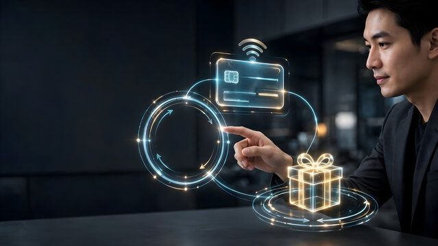Businessman interacting with holographic payment card reward gift and circular digital workflow interface