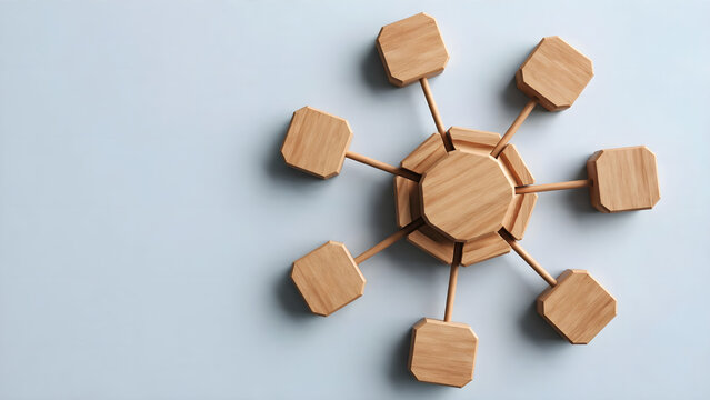 Wooden hub and spoke network with blank connected nodes on blue background and copy space
