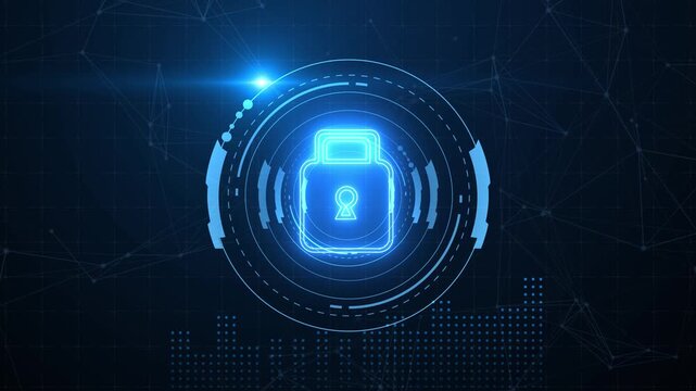 Cyber security interface with biometric and AI-powered protection system. Cyber security secures access, cybersecurity protects identity, cybersecurity detects threats, and defends data.