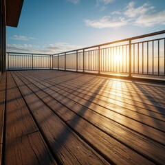 Fototapeta premium Empty wooden deck with metal railing at sunrise or sunset. Sunlight casts long shadows across the planks. Horizon shows calm sea or ocean under blue sky with clouds. Peaceful natural scene.