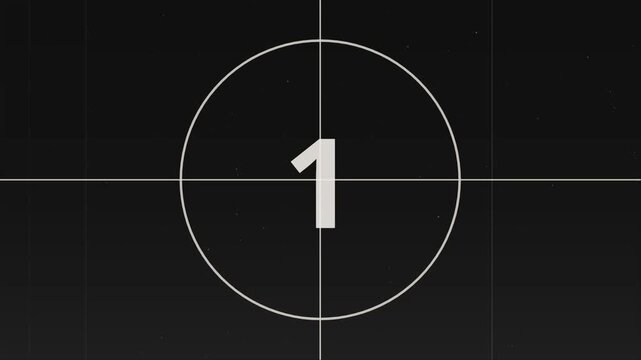 Vintage film countdown leader elements featuring three circular frames with numbers five three with two against textured black background video classic cinematic