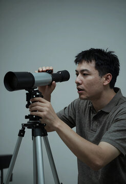 Future vision and strategic planning, man looking through a telescope on a tripod, discovery and exploration