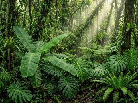 Sunlight streaming through the lush green leaves in a deep tropical rainforest