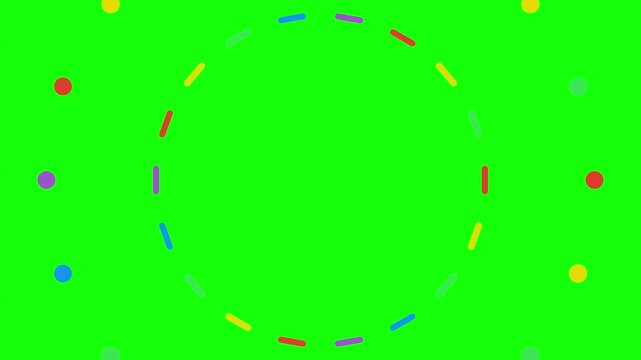 Minimalist colorful geometric pattern featuring repeating circular dash elements against vibrant solid green screen background with video displays repeating dashed circles scattered