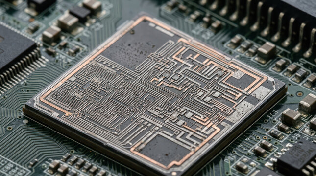 Close up of a complex computer microchip processor on a circuit board.