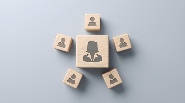Wooden people blocks arranged around central female leader symbol on blue background