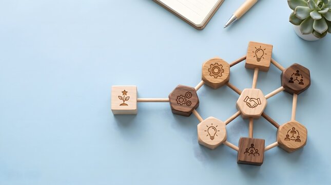 Connected wooden business icons illustrating collaboration and organizational relationships