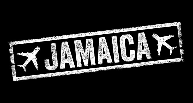 JAMAICA rubber stamp text design with airplane icons and distressed grunge texture, ideal for travel agency promotion, tourism campaigns and vacation destination branding.