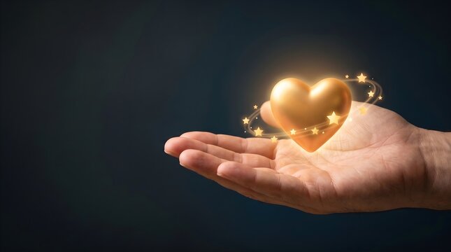 Open hand supporting glowing golden heart surrounded by stars for customer loyalty and appreciation concept