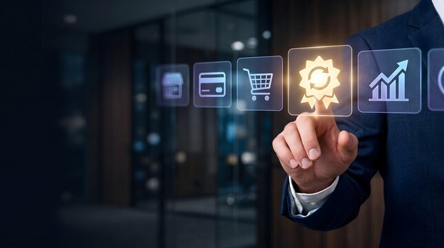 Businessperson selecting glowing loyalty reward badge in digital retail interface with commerce icons