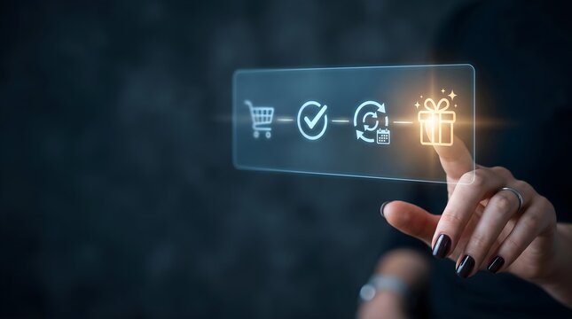 Hand selecting glowing gift reward icon in digital purchase and repeat order workflow interface