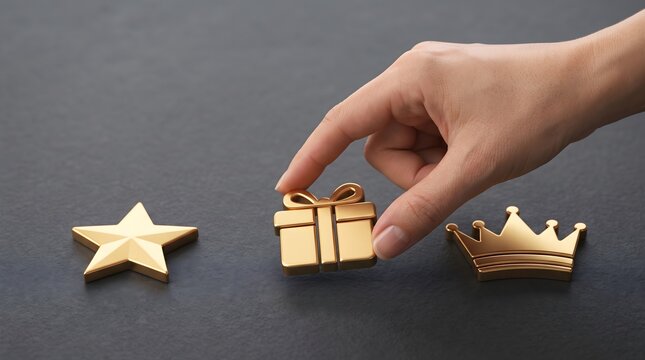 Hand selecting golden gift reward symbol between star and crown icons on dark background