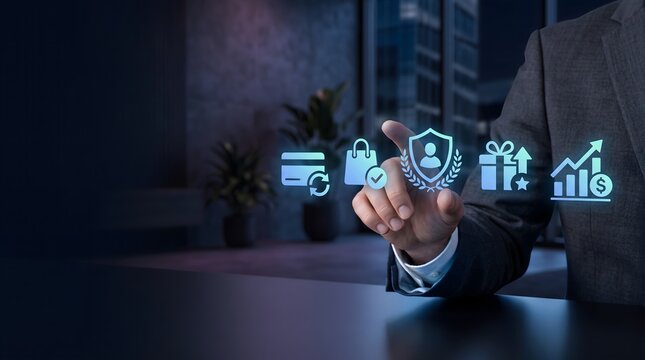 Businessperson interacting with digital customer protection rewards payment and growth icons in modern office