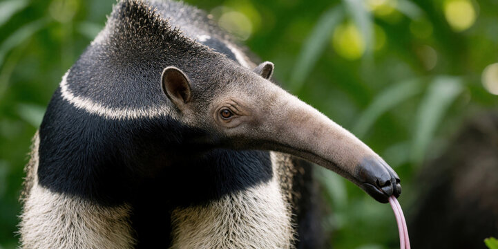 Giant anteater with long snout and tongue extended. Mammal has black and white fur patterns. It stands in green foliage background. Unusual wild animal portrait.