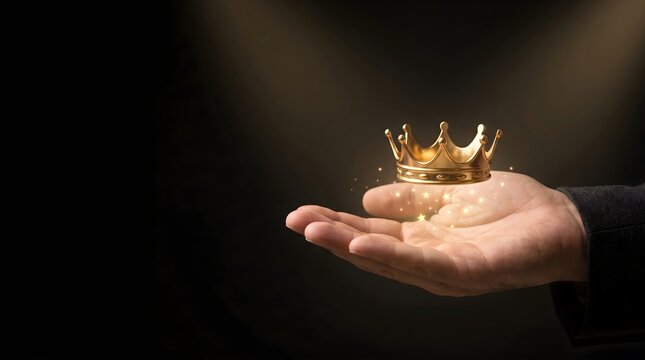 Open hand presenting glowing golden crown on black background for premium status and leadership concept
