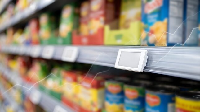 Electronic shelf price label with rising line graph among grocery products illustrating retail price trends
