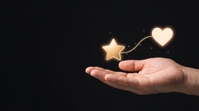 Open hand presenting glowing star and heart symbols on dark background for customer appreciation concept