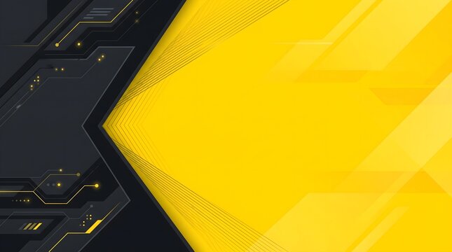 Black and yellow futuristic promotional background with circuit inspired geometric lines and large copy space