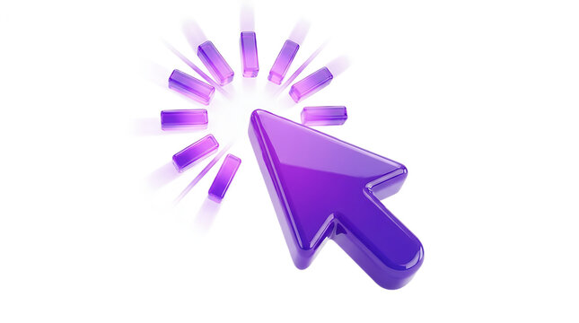 Purple glass computer mouse cursor arrow with loading spinner isolated on transparent background