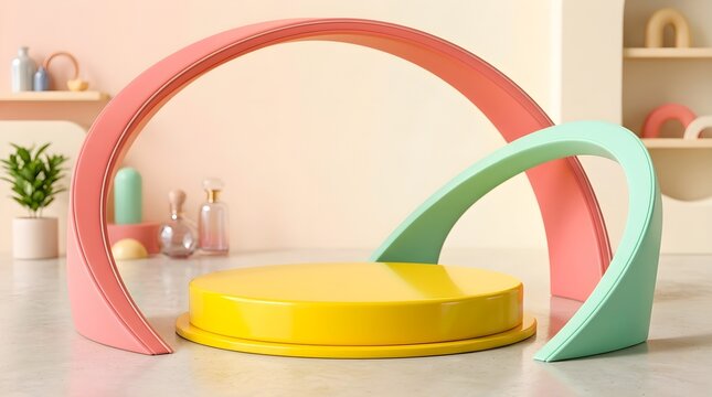 Colorful product display podium with coral and mint arches in bright studio setting