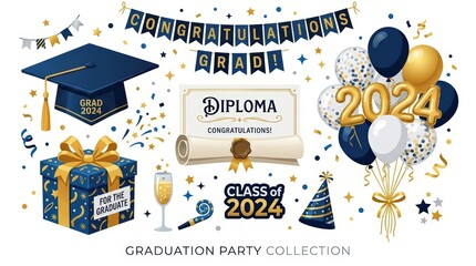 Naklejka premium Graduation party collection with 2024 balloons and diploma. Navy blue and gold grad celebration set. Academic commencement decor elements.