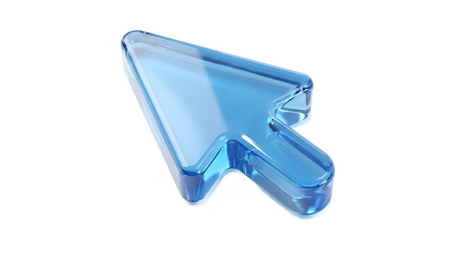 3d render of a blue glass mouse cursor arrow isolated on transparent background