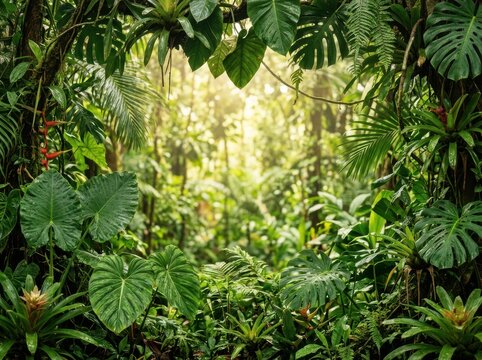 Sunlight shining through dense green tropical leaves in a lush rainforest jungle