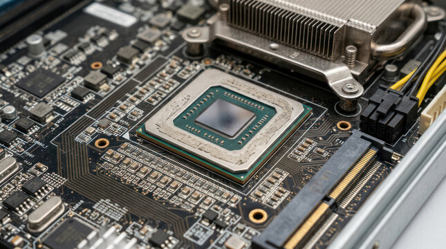 Close up of a computer processor on a motherboard with heatsink.