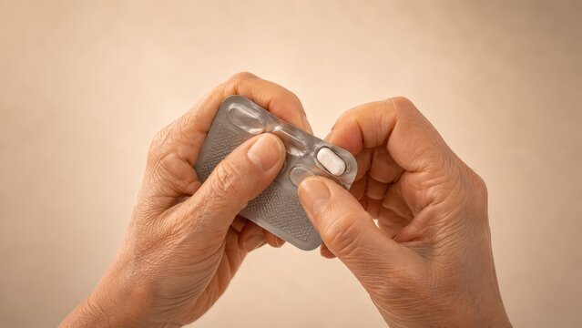 Senior Hands Pressing a Tablet Out of Blister Ergonomic Packaging
