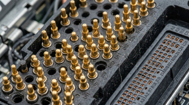 Close up of electrical connectors with many pins and sockets.