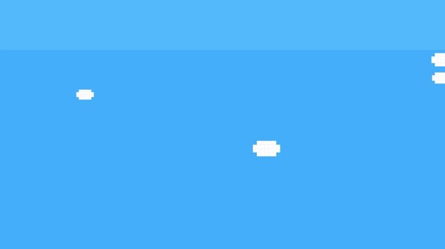 Minimalist blue background featuring floating white pixelated geometric shapes moving across a clean digital surface with video displays minimalist shapes float drift