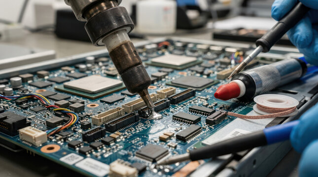 Close up of electronic circuit board repair with tools.