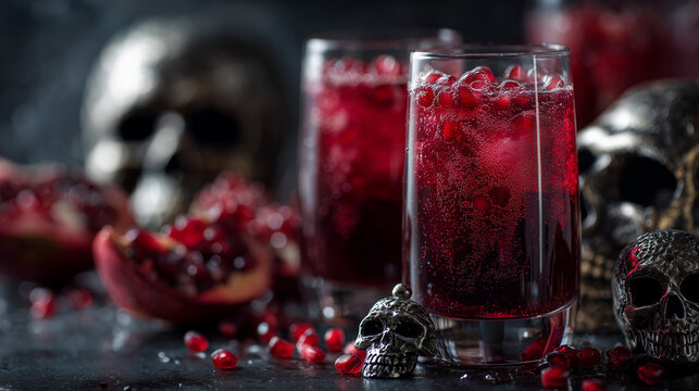 Fresh pomegranate mocktail with sparkling bubbles and Halloween decorations, ultra realistic, no humans