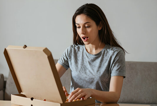 Food delivery and takeout convenience, young woman opening a pizza box with an excited expression at home