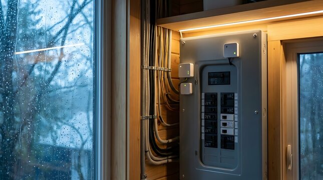 Smart home energy monitoring system with connected sensors on electrical fuse box panel installed inside timber cladded wall room looking out rainy window view.