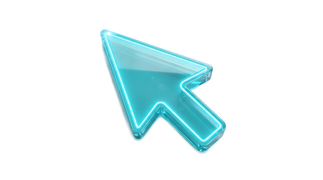 Glossy cyan glass computer mouse cursor arrow isolated on transparent background