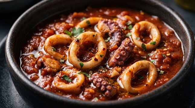 Delicious seafood stew with squid rings and octopus tentacles in rich tomato sauce